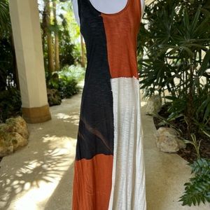 Sleeveless Colorblock Midi Dress in Rust, Black & Ivory by